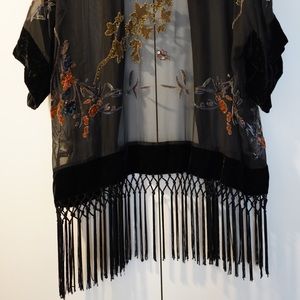 Silk kimono jacket with velvet, sequins and fringe